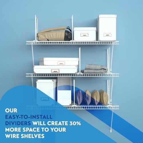 Tall White Wire Shelf Dividers for Closet Organization – Sturdy and Easy Set-Up Closet Shelf Dividers with Bonus Rose Gold Hanger (12 inch Wire Shelves, 8-Pack)