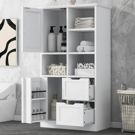 Tall Wide Storage Cabinet with 2 Doors,2 Drawers,and Adjustable Shelves, Wood White Storage Cabinet for Kitchen Bathroom Office Freestanding (White)