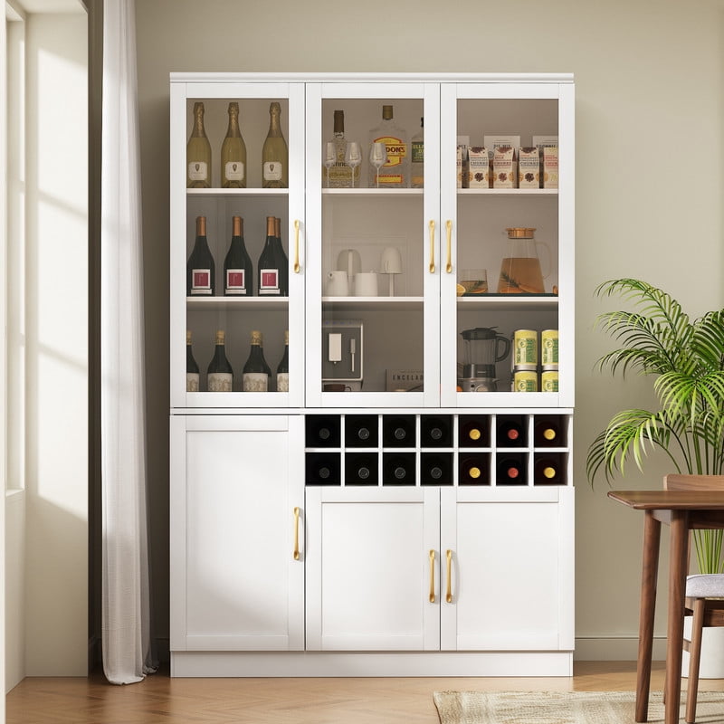 Tall Wine Storage Cabinet with Glass Doors, Freestanding Home Bar Pantry Cabinet with Goblet Rack & 18-Bottle Grid