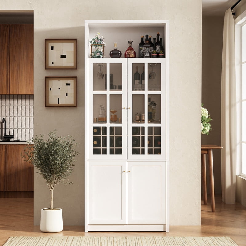 Tall Wine Storage Cabinet with Glass Doors, Freestanding Home Bar Pantry Cabinet with Goblet Rack & 18-Bottle Grid