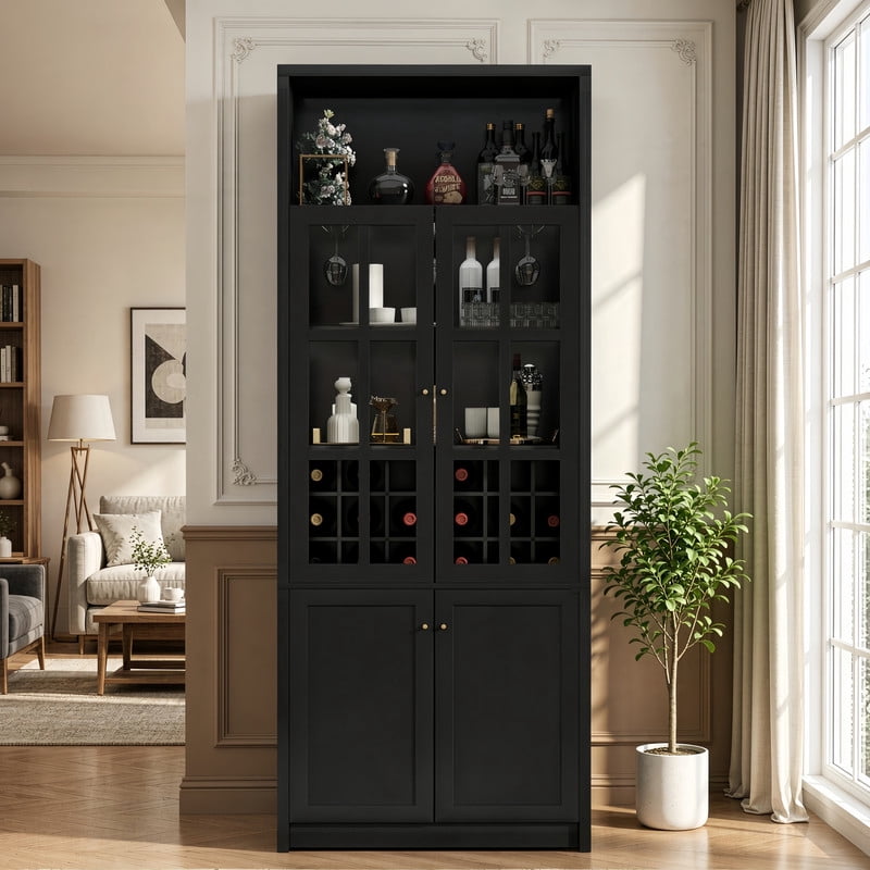 Tall Wine Storage Cabinet with Glass Doors, Freestanding Home Bar Pantry Cabinet with Goblet Rack & 18-Bottle Grid
