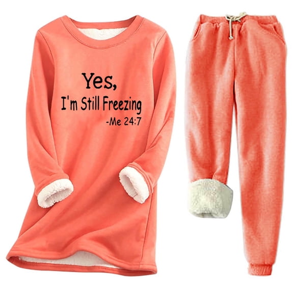 Tall Women Lounge Sets 2 Piece Outfits Linen Outfits Women 2 Piece Women's Solid Round Neck With Thickened Insulation Long Sleeved Top And Pocket Thickened Pants Set