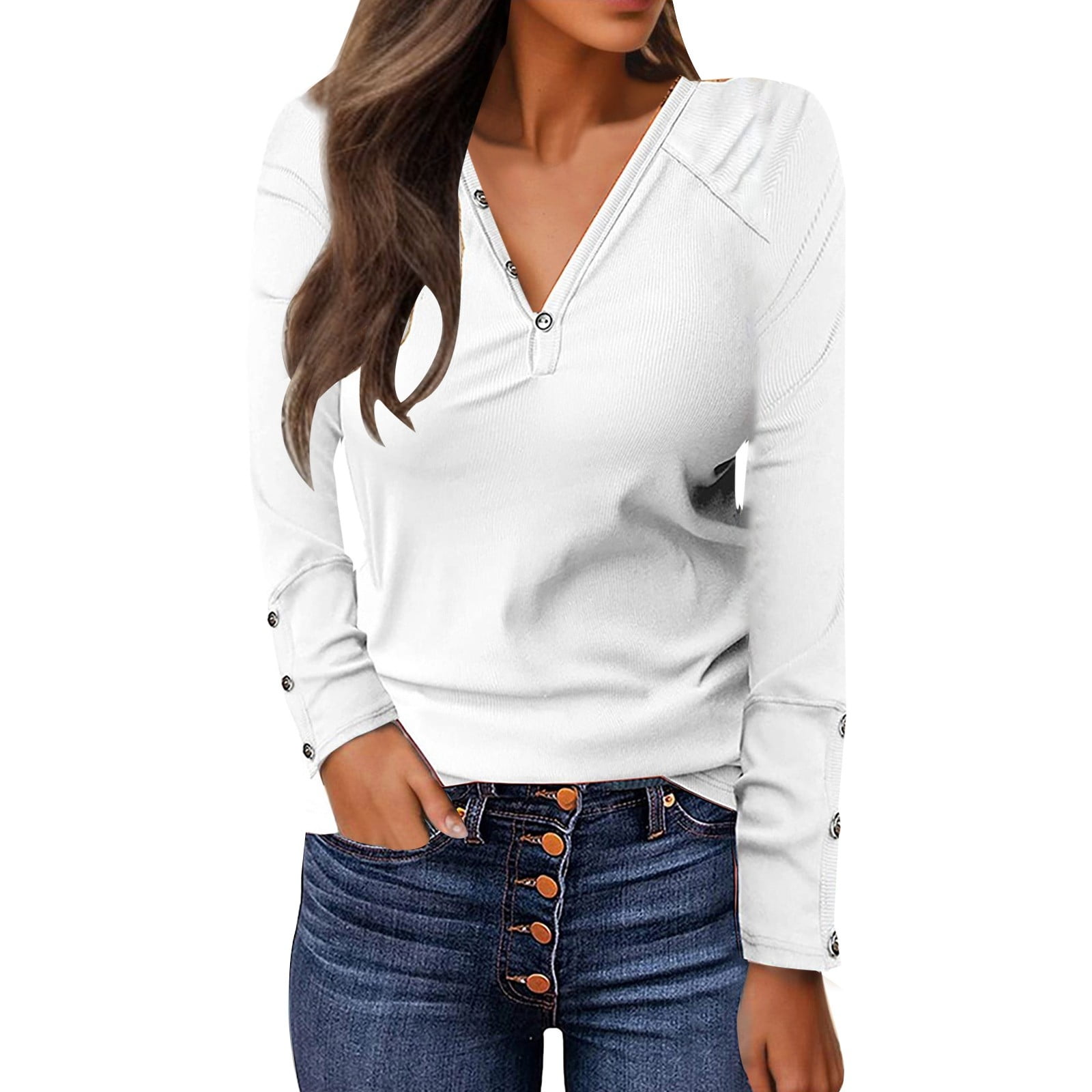Tall Women T Shirts for Long Body Women s Solid Color Buttoned V Neck Loose Fit Long Sleeve Basic Top White M Walmart