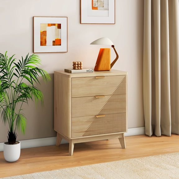 Roofar Geometric Fluted Nightstand with 3 Wooden Drawers, Single 24" Wide Mid Century Modern Bedside Table with Metal Handle for Bedroom, Nature