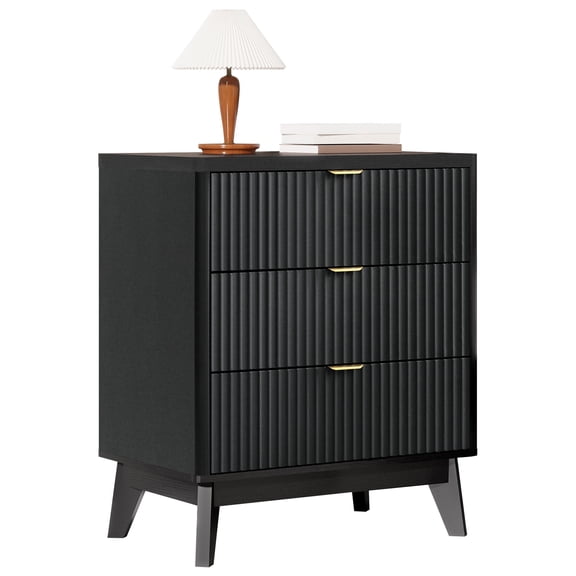 Roofar Fluted Nightstand with 3 Wooden Drawers, Single 24" Wide Mid Century Modern Bedside Table with Metal Handle for Bedroom, Black