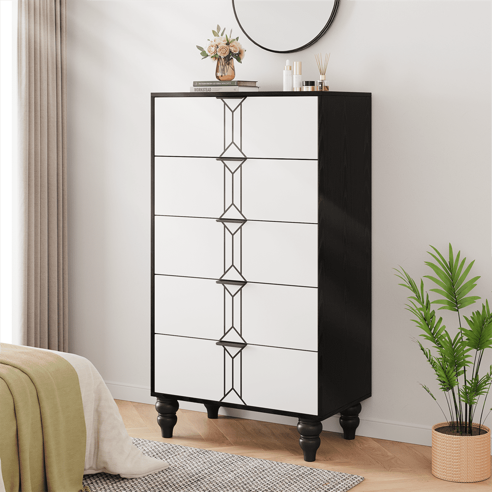 Tall Wooden 5 Drawer Dresser with Vintage Pattern Design, Modern and ...