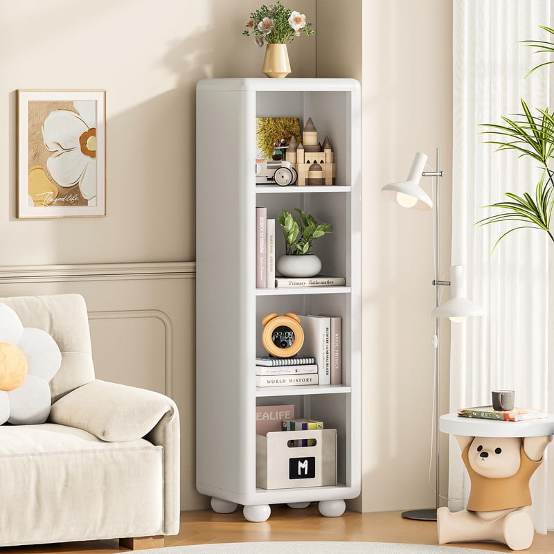 Tall Wooden Bookshelf, 4 Cube Bookcase with Sphere Foot, Freestanding Storage Cabinet, Sturdy Kids Storage Organizer for Living Room Bedroom Playroom Kitchen Bathroom