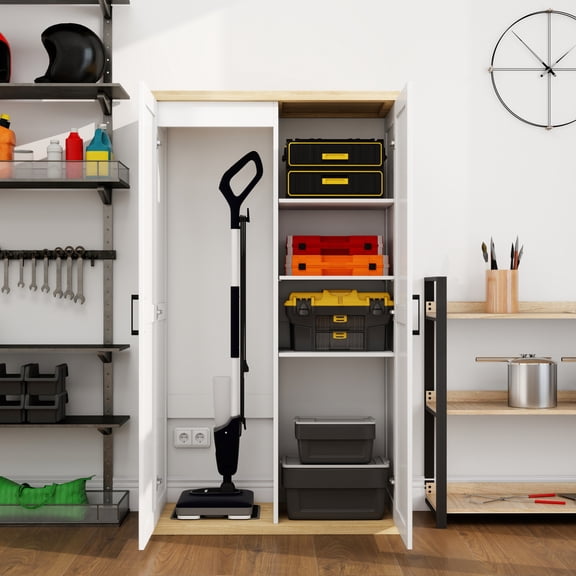 Tall Wooden Vacuum Storage Cabinet with Adjustable Shelf, 2-Door Broom Closet Organizer for Cleaning Tools in Living Room, Kitchen, Garage, Bathroom, Utility Room, White Finish