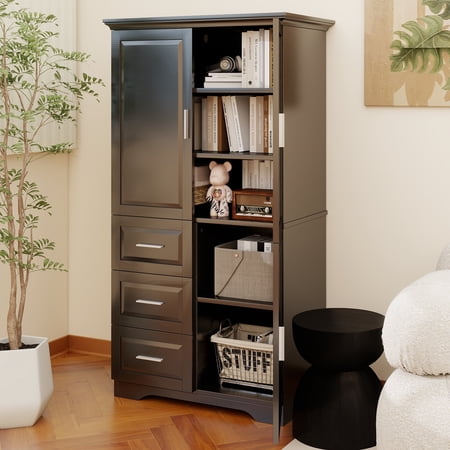 Tall and Wide Storage Cabinet with Doors for Bathroom/Office, Three Drawers, Black