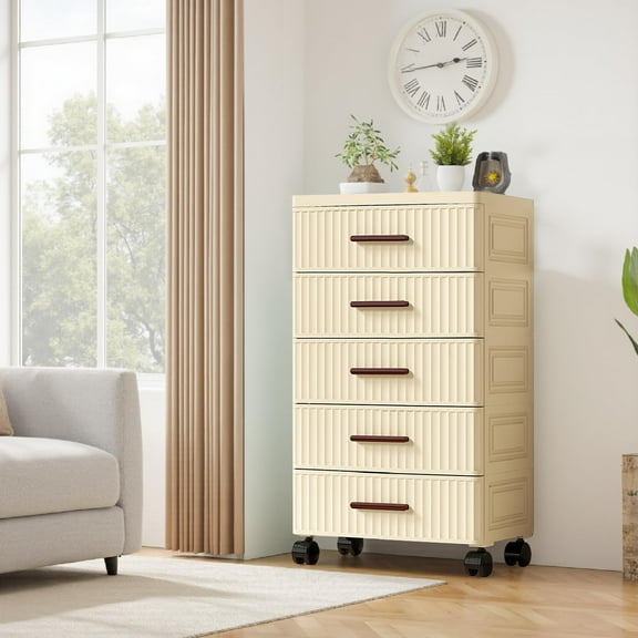 Tall dresser with five pull-out storage bins for easy organization and mobility. Ideal for bedrooms, nightstands, living rooms, entryways, or hallways.