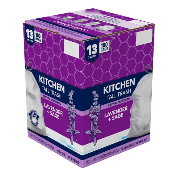 Tall kitchen trash bags 13 gallon, 100 count drawstring garbage bags with lavender sage scent, white control trash can liners for home kitchen bathroom office, gray
