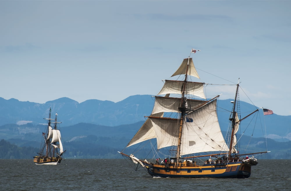 Tall ships sail on the Columbia River near Astoria; Oregon, United