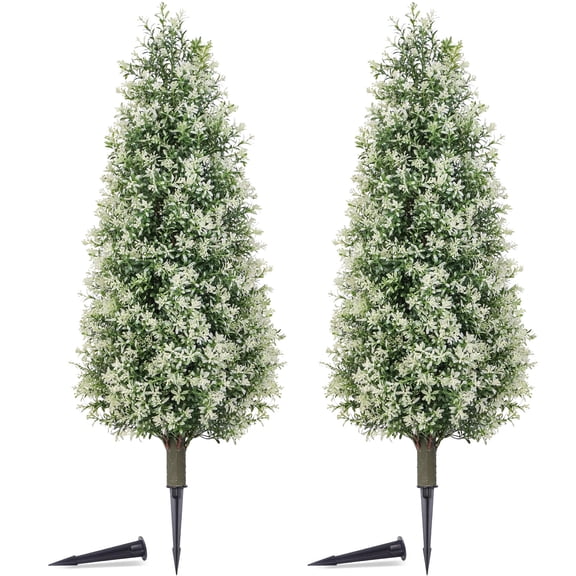 THE BRIVE 3ft Artificial Topiary Trees in White - 2PCS 36''Artificial Faux Plant With Ground Spike, suitable for spring garden, indoor, and outdoor decoration.