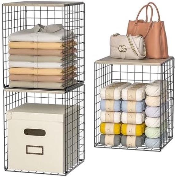 Taller Closet Organizers and Storage with Wood Top, Set of 3 Stackable Wire Storage Bins for Clothes, Bags, Towels, Double Storage Design, Sturdy Metal Cube Shelf Organizer for Closet Wardrobe, Black
