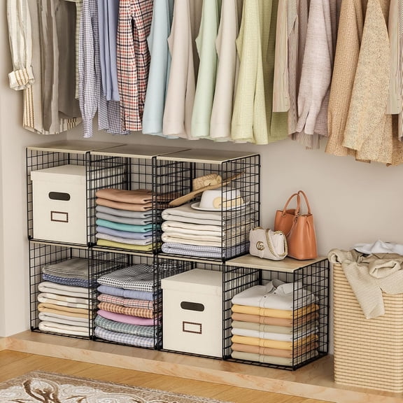 Taller Closet Organizers and Storage with Wood Top, Set of 3 Stackable Wire Storage Bins for Clothes, Bags, Towels, Double Storage Design, Sturdy Metal Cube Shelf Organizer for Closet Wardrobe, Black
