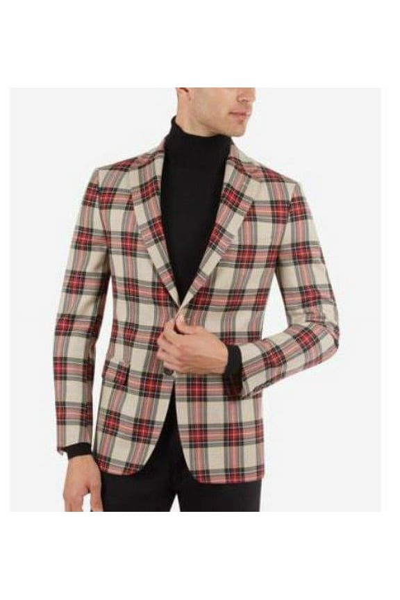 Men's Slim-Fit Cream & Red Tartan Sport Coat, 38 R