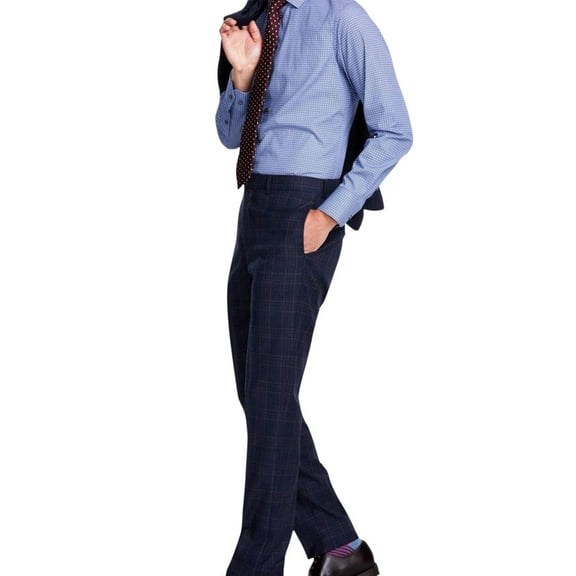 Tallia Mens Slim Fit Stretch Plaid Dress Pants Slacks, Blue, 34W x 32L