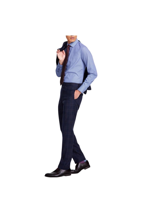 Mens Slim Fit Stretch Plaid Dress Pants Slacks, Blue, 30W x 31L