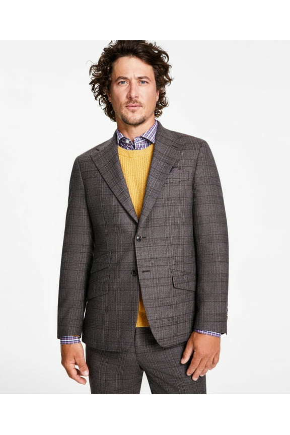 Mens Slim-Fit Stretch Plaid Suit Jacket, Brown, 42S