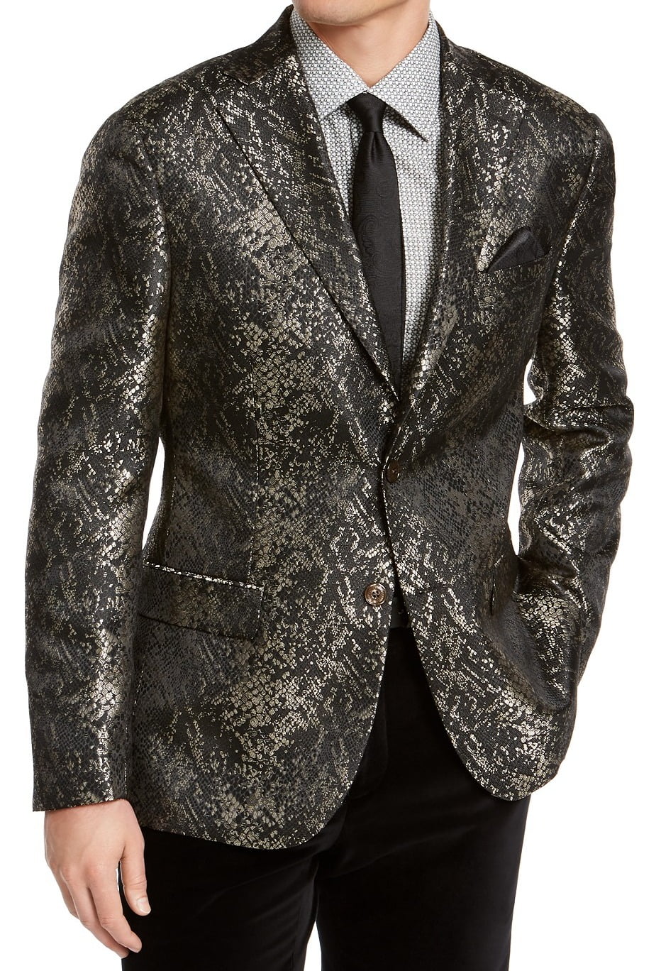 Tallia Mens Blazer Black Long Slim-Fit Snakeskin Jacquard Gold 40