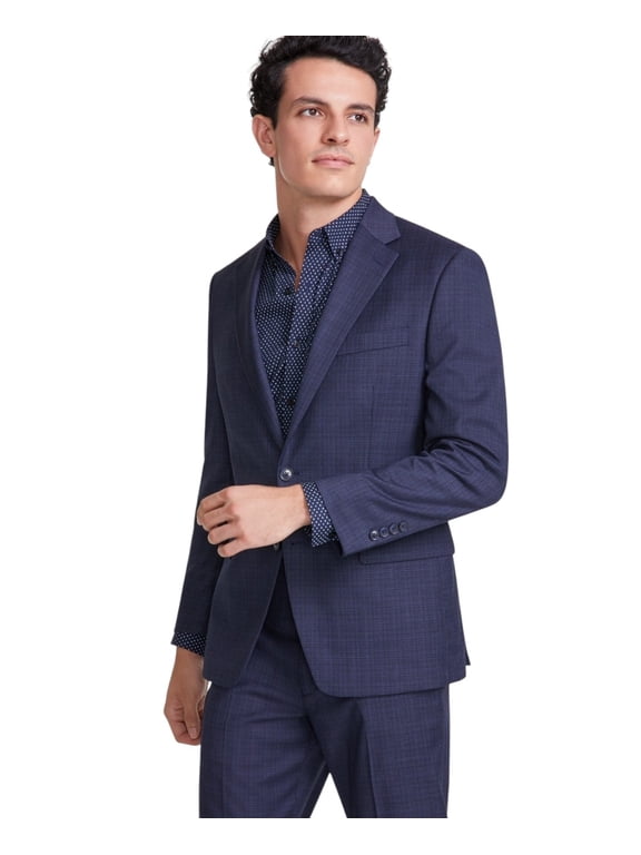 Classic-Fit Suit Separate Jacket Mens 40S Navy Plaid Long Sleeve 2-Button