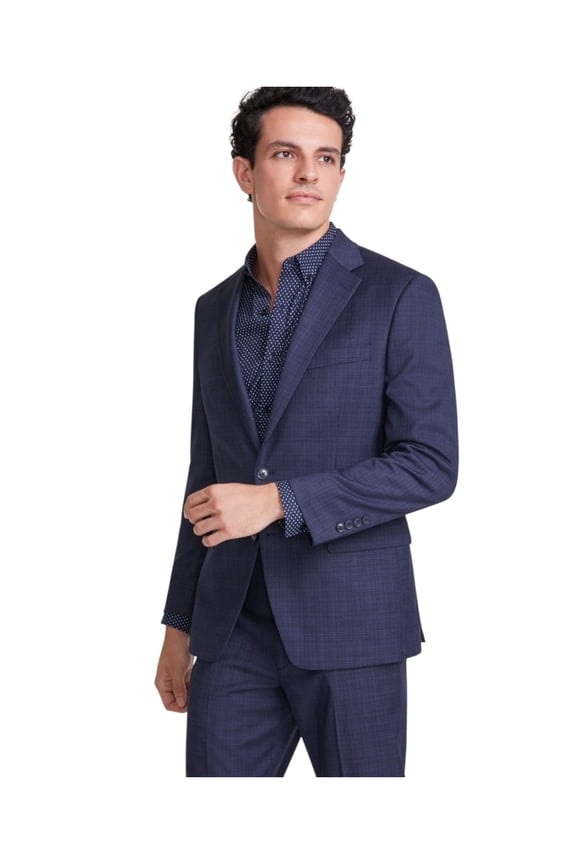 Mens Classic fit Suit Jacket Blazer 42 S Navy Blue Plaid Stretch