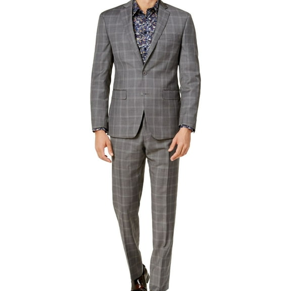 Tallia Mens Double Windowpane Two Button Blazer Jacket, Grey, 42 Short