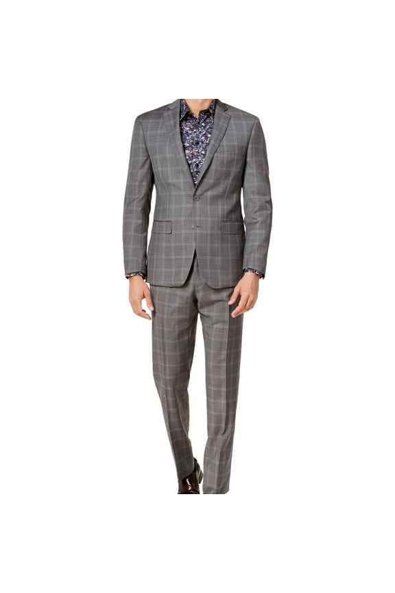 Mens Double Windowpane Two Button Blazer Jacket, Grey, 42 Short