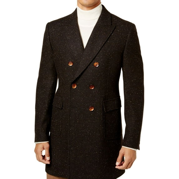 Tallia Mens Herringbone Double Top Coat, Brown, Small