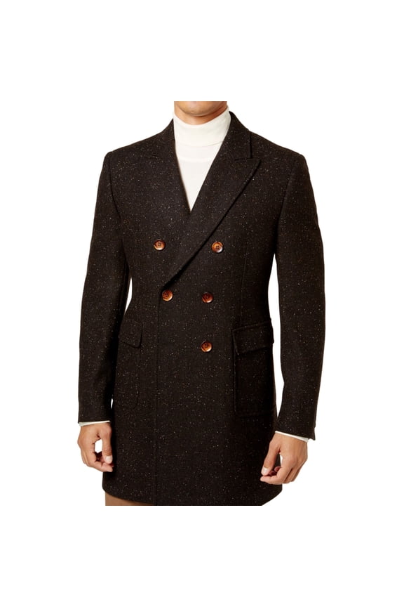 Mens Herringbone Double Top Coat, Brown, Small