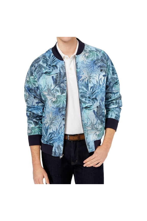 Mens Modern-Fit Tropical Print Bomber Jacket, Blue, Large