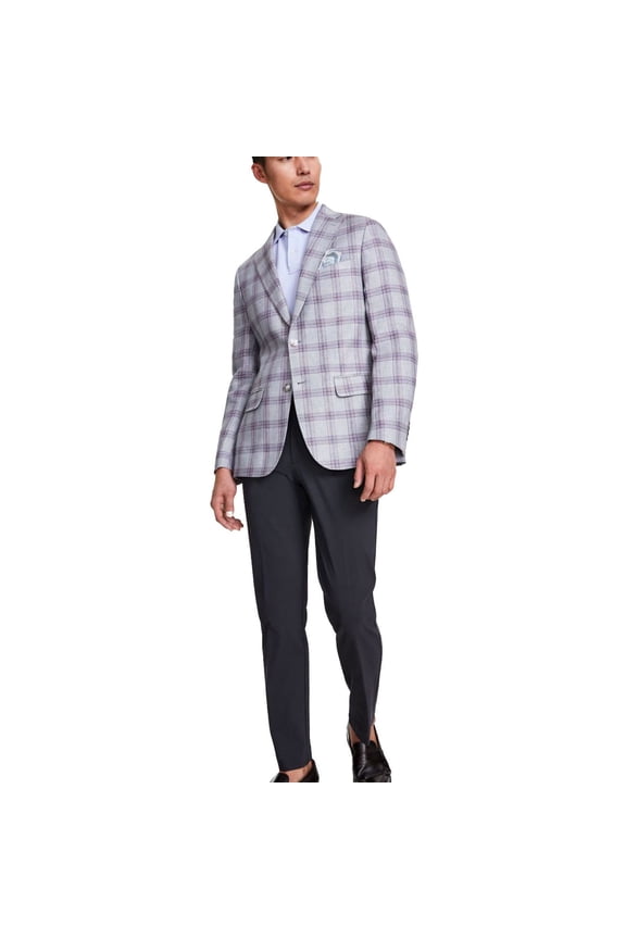 Mens Slim-Fit Plaid Linen Sport Coat, Purple, 44 R/M37.5