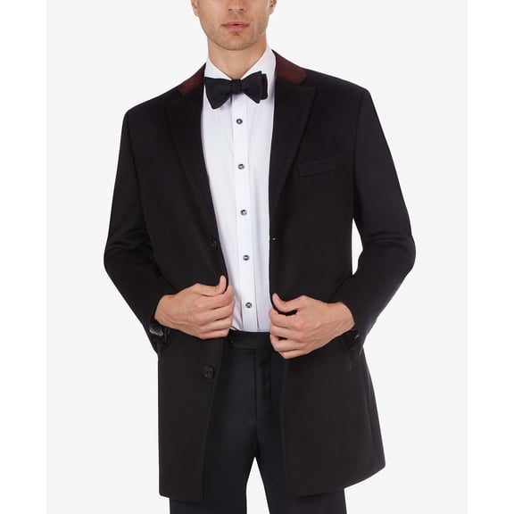 Tallia Mens Wool Blend Contrast Velvet Top Collar Coat Medium Black - NWT $495