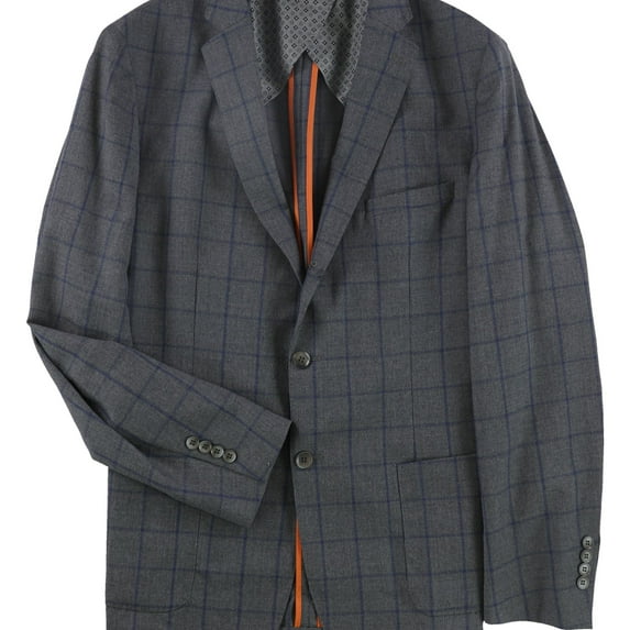 Tallia Mens Windowpane Two Button Blazer Jacket, Grey, 40 Short