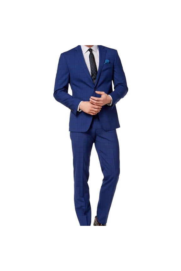 Mens Windowpane Two Button Formal Suit navy 42/Unfinished