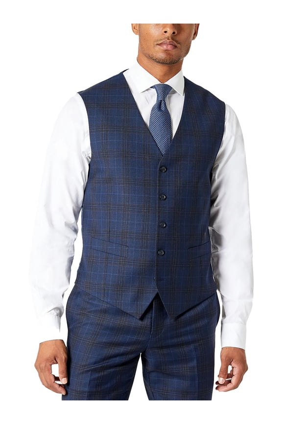 Mens Wool Blend Plaid Paisley Suit Vest Blue XL B4HP $125