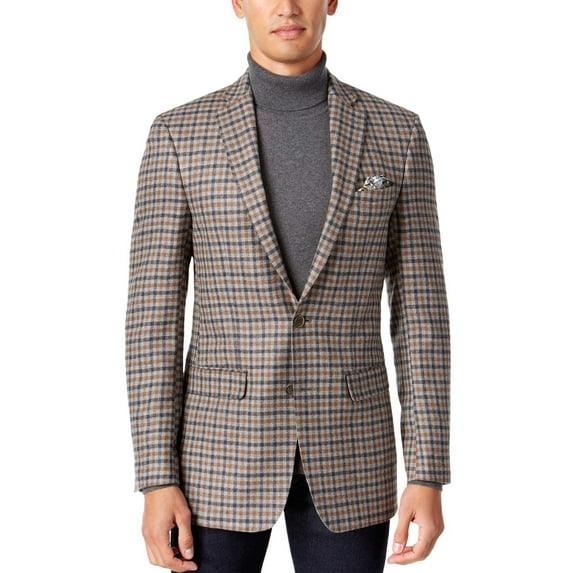 Tallia Orange Slim Fit Grey and Brown Check Wool 2-Button Sportcoat Blazer