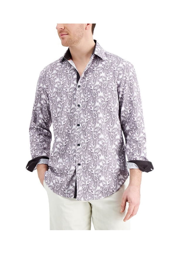 WHITE/BLACK Men's Slim-Fit Paisley Shirt & Face Mask L 16-16.5 34/35