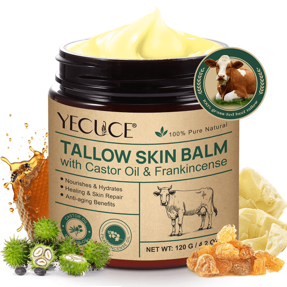 Tallow Skin Balm with Castor & Frankincense, Deep Moisturizing Face & Body Balm, 4oz
