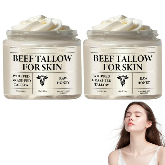 Tallow and Honey Balm for Face, Moisturizer with 100% Organic Grass-Fed Beef Tallow & Raw Wild Honey - Natural Formula for Dry & Sensitive Skin (2pc)