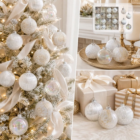 Talqzovs 16Pcs White Christmas Ornaments Set,Christmas Tree Ornaments ,Lightweight Glitter Hanging Decor for Xmas Tree Home Party Holiday