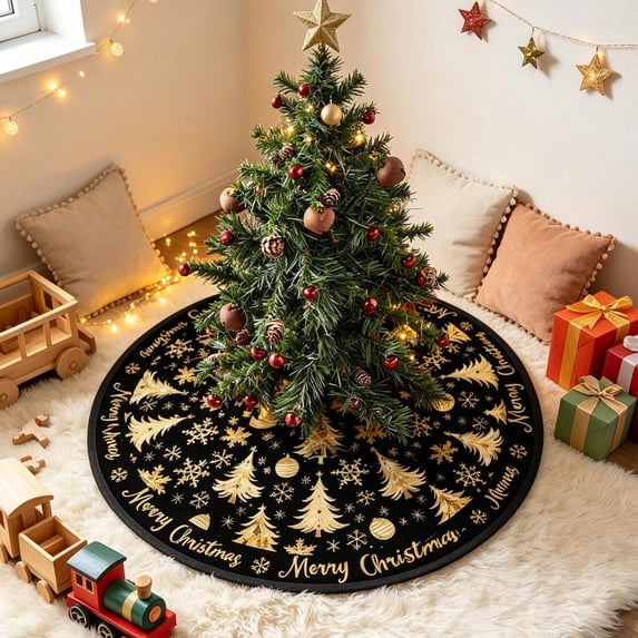 Talqzovs Black And Gold Christmas Tree Skirt , Christmas Decorations Indoor Christmas Tree Base Cover for Merry Christmas Xmas Winter Party