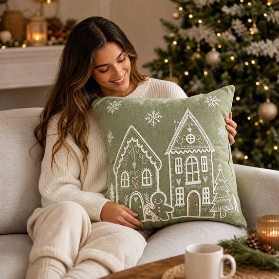 Talqzovs Christmas Decorative Throw Pillows , 18x18 Gingerbread House Embroidered Cushions for Sofa Couch Bed Living Room Indoor Xmas Home Decor