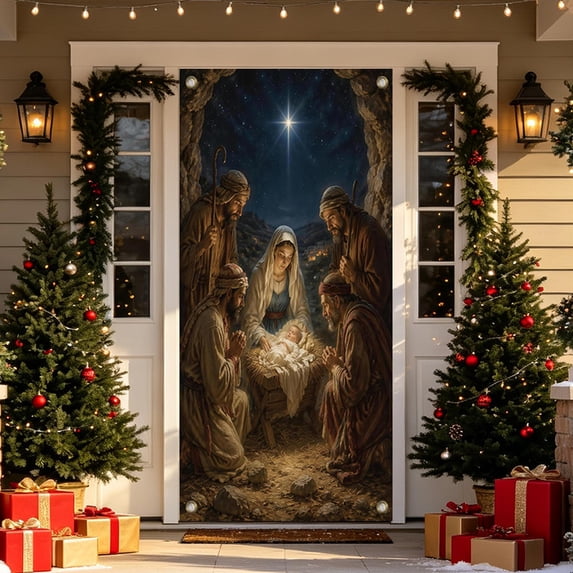 Talqzovs Christmas Door Cover , 35 X 72 Inch Front Door Curtain Religious Nativity Scene Fabric Banner