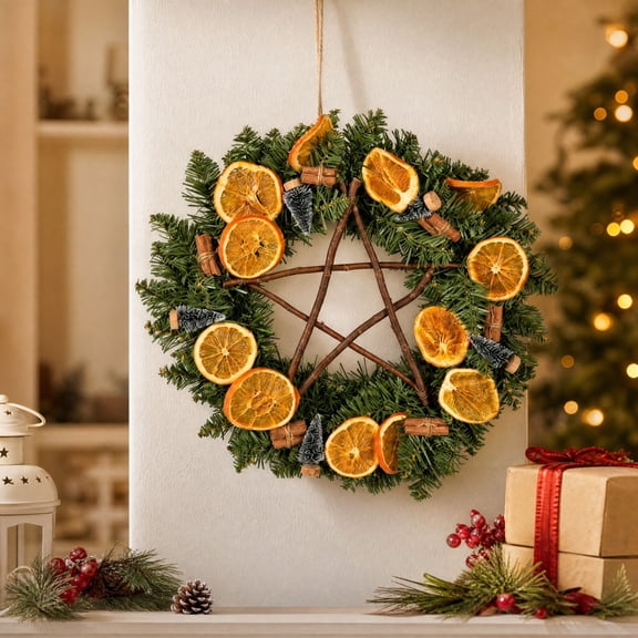 Talqzovs Natural Christmas Wreath, Dried Orange & Cinnamon Stick Pine Wreath, Rustic Twig Star Front Door Decor