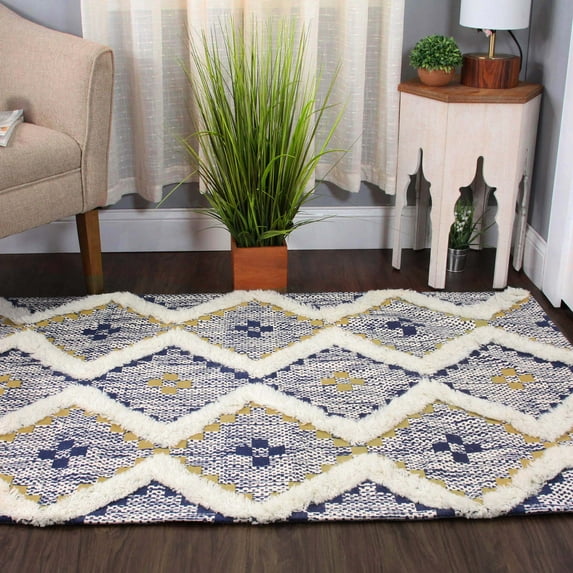 Taluah Hand-Crafted Modern Diamond Geometric Cotton and Wool Indoor Area Rug - 3' x 5', Gold-Navy Blue