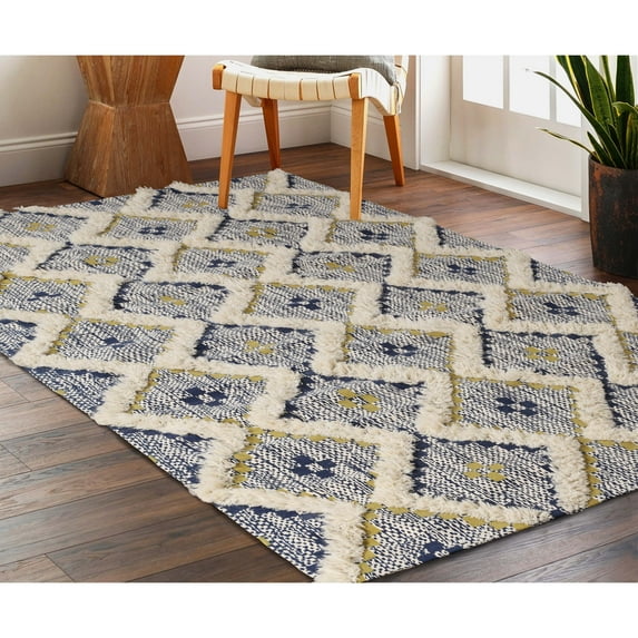 Taluah Hand-Crafted Modern Diamond Geometric Cotton and Wool Indoor Area Rug - 6' x 9', Gold-Navy Blue