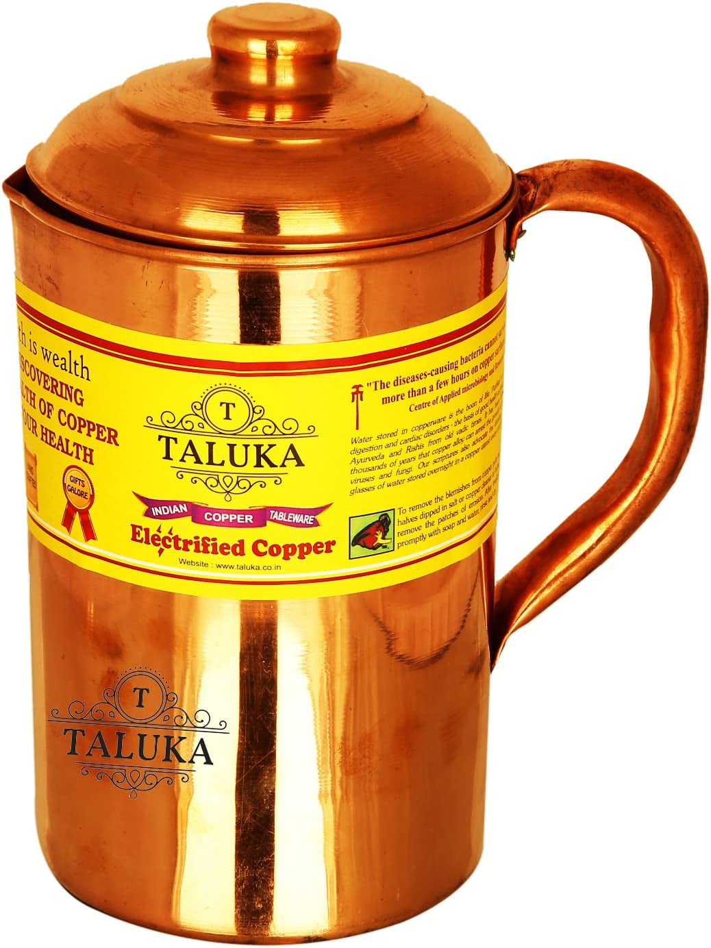 Taluka Handmade Pure Copper Jug Pitcher Drinkware Water Storage Serveware Ayurveda Good Health Benefits (54 Oz)