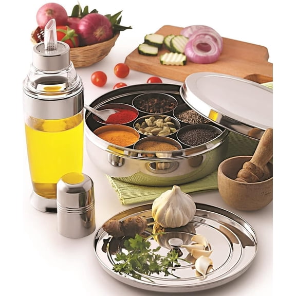 Taluka Stainless Steel Spice Box Indian Masala Dabba With 7 Compartments 1 Small Spoon For Home Restaurant Chefs 8x8 Inches
