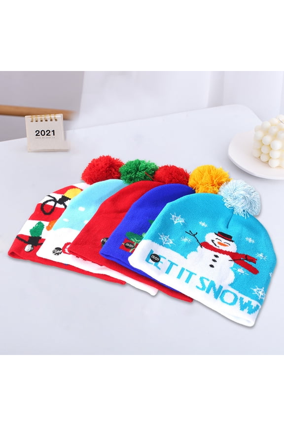 Xmas Tree Pattern Knitted Beanie Plush Ball Autumn Winter LED Light Snowman Pattern Xmas Cap for Christmas